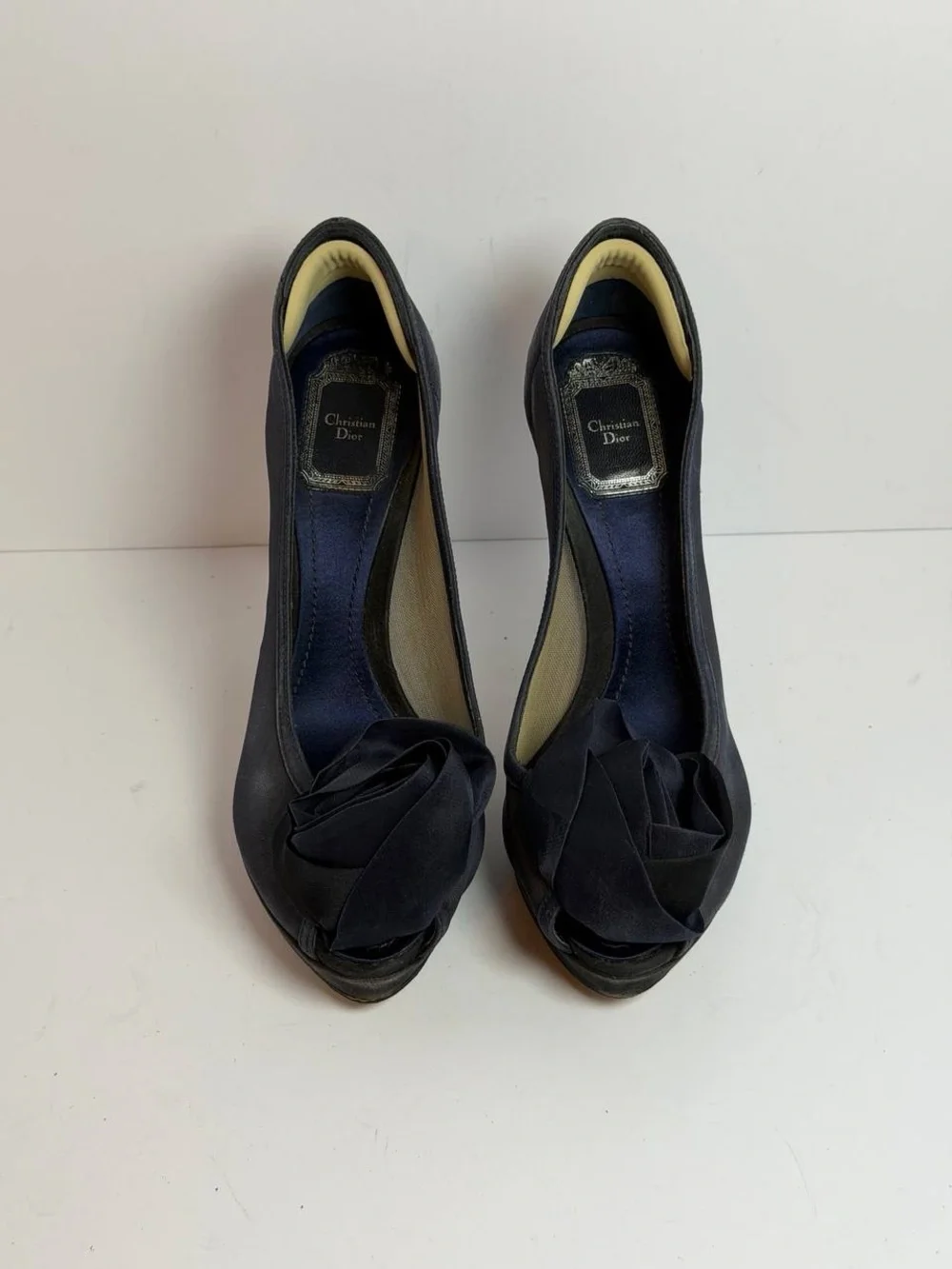 Christian Dior Navy Satin Mesh Peep-Toe Heels Size 38
